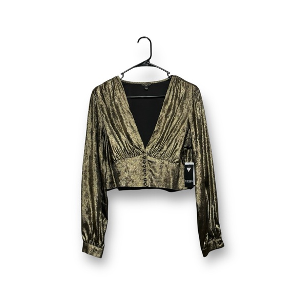 GUESS Shimmery Golden Bronzed Cropped Blouse Long Sleeves L New - Picture 9 of 9